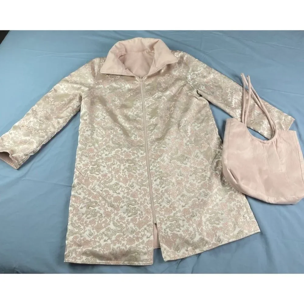 Mycra Pac Life Reversible Full Zip Jacket with Hand Bag Blush Pink Jacquard Sz P - Picture 1 of 11